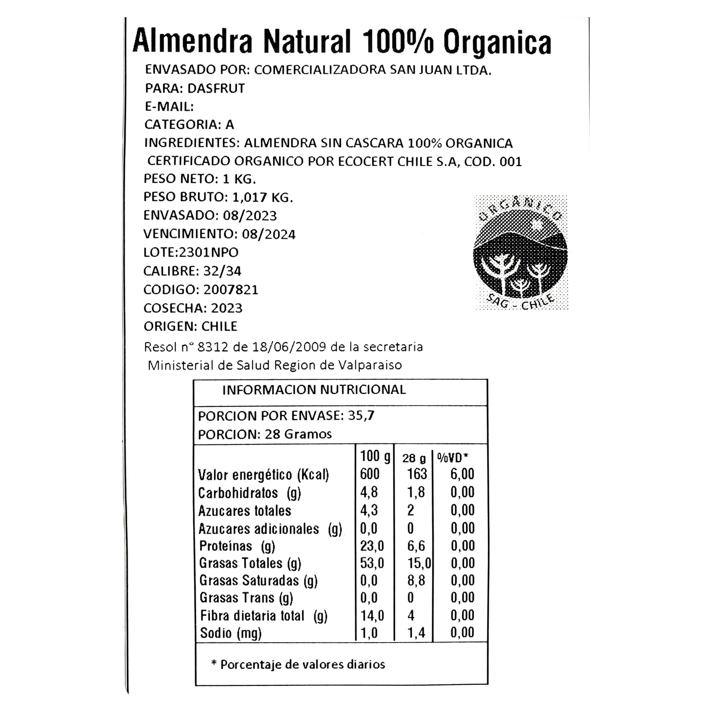 Almendra Natural 100% Orgánica 1 kg